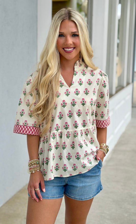 Half Sleeve Print Top With Trim Detail