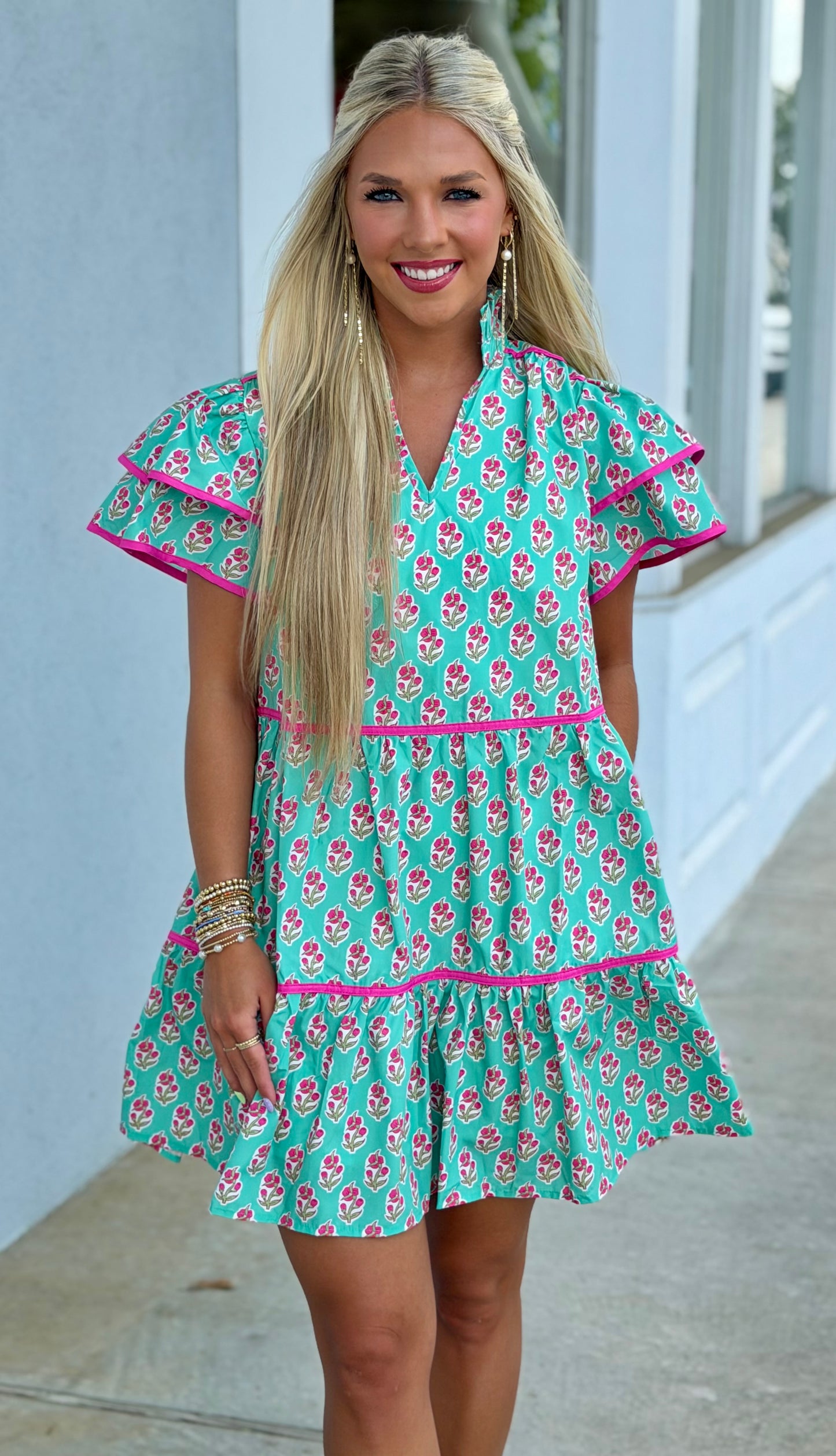 Green Floral Flutter Sleeve Dress
