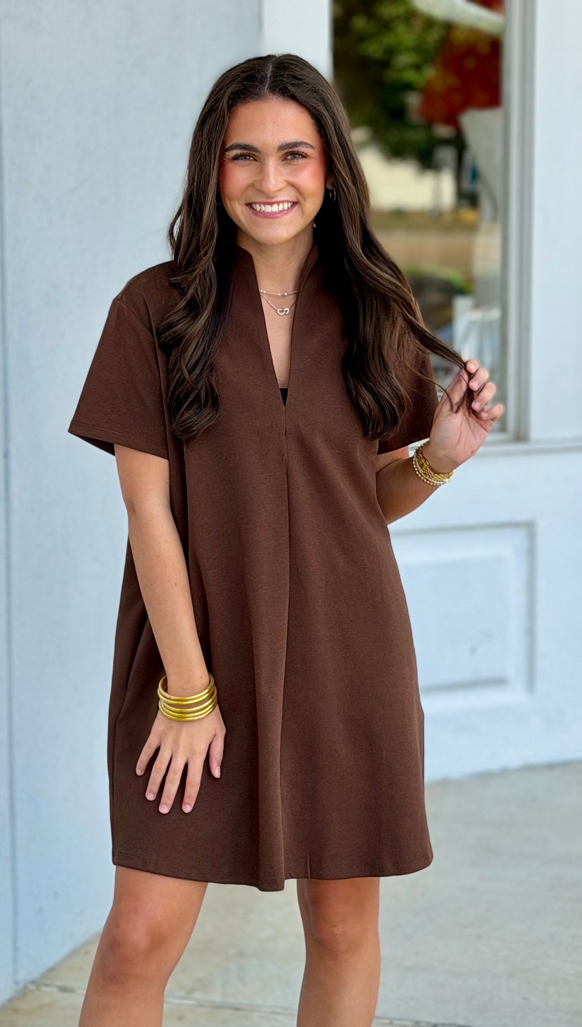 Stand Collar V-Neck Slit Mini Dress, Brown