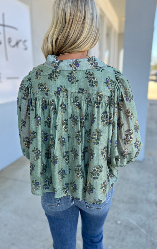 Dark Sage Floral Blouse