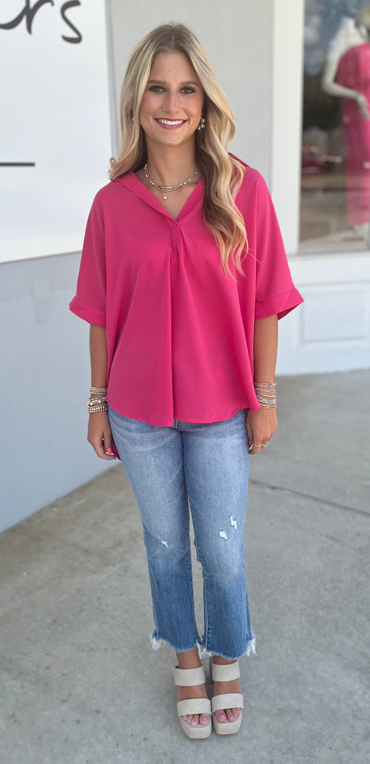 Fuchsia V Neck Silky Top