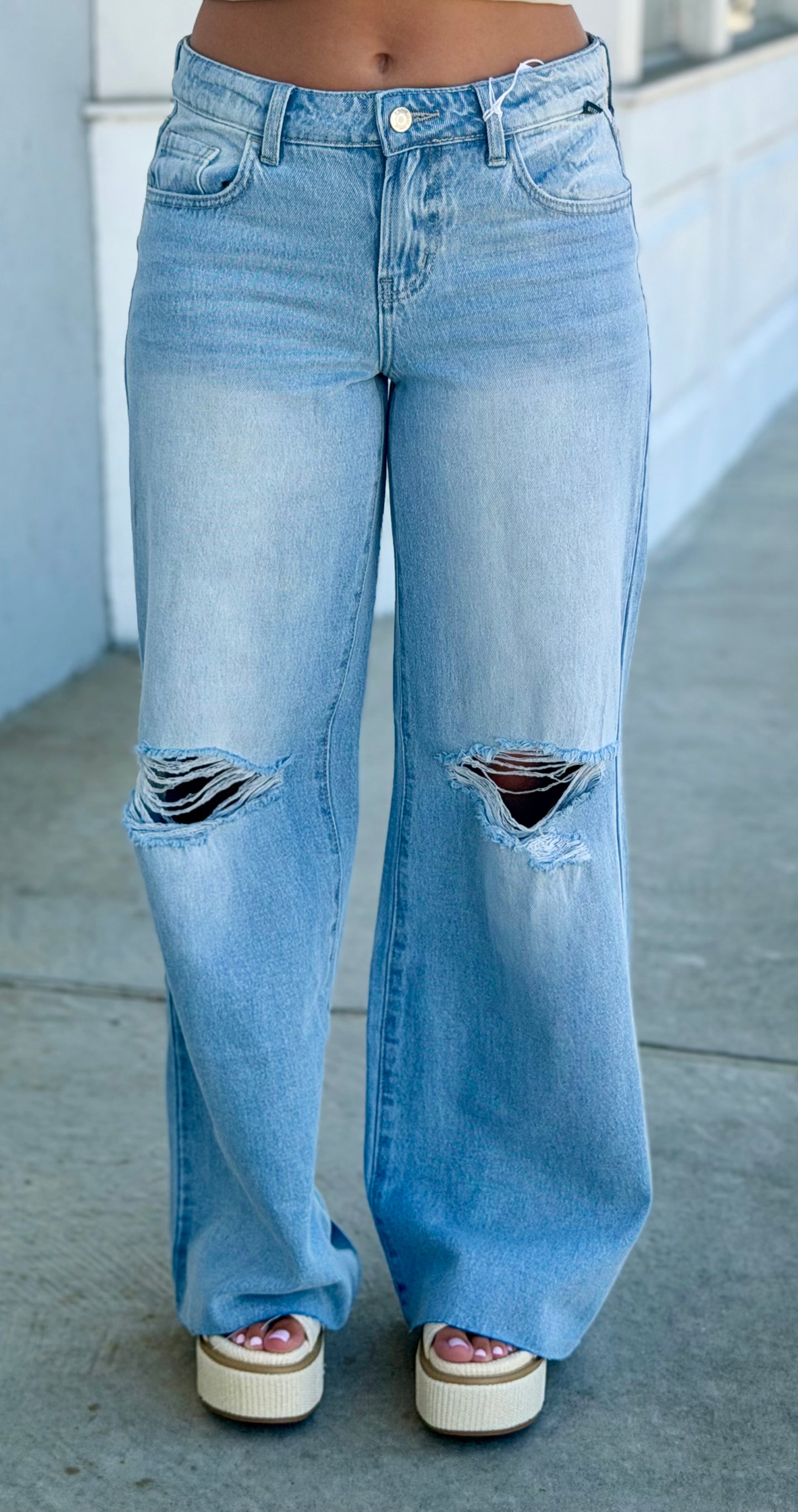 Low Rise Wide Leg Distressed Jeans