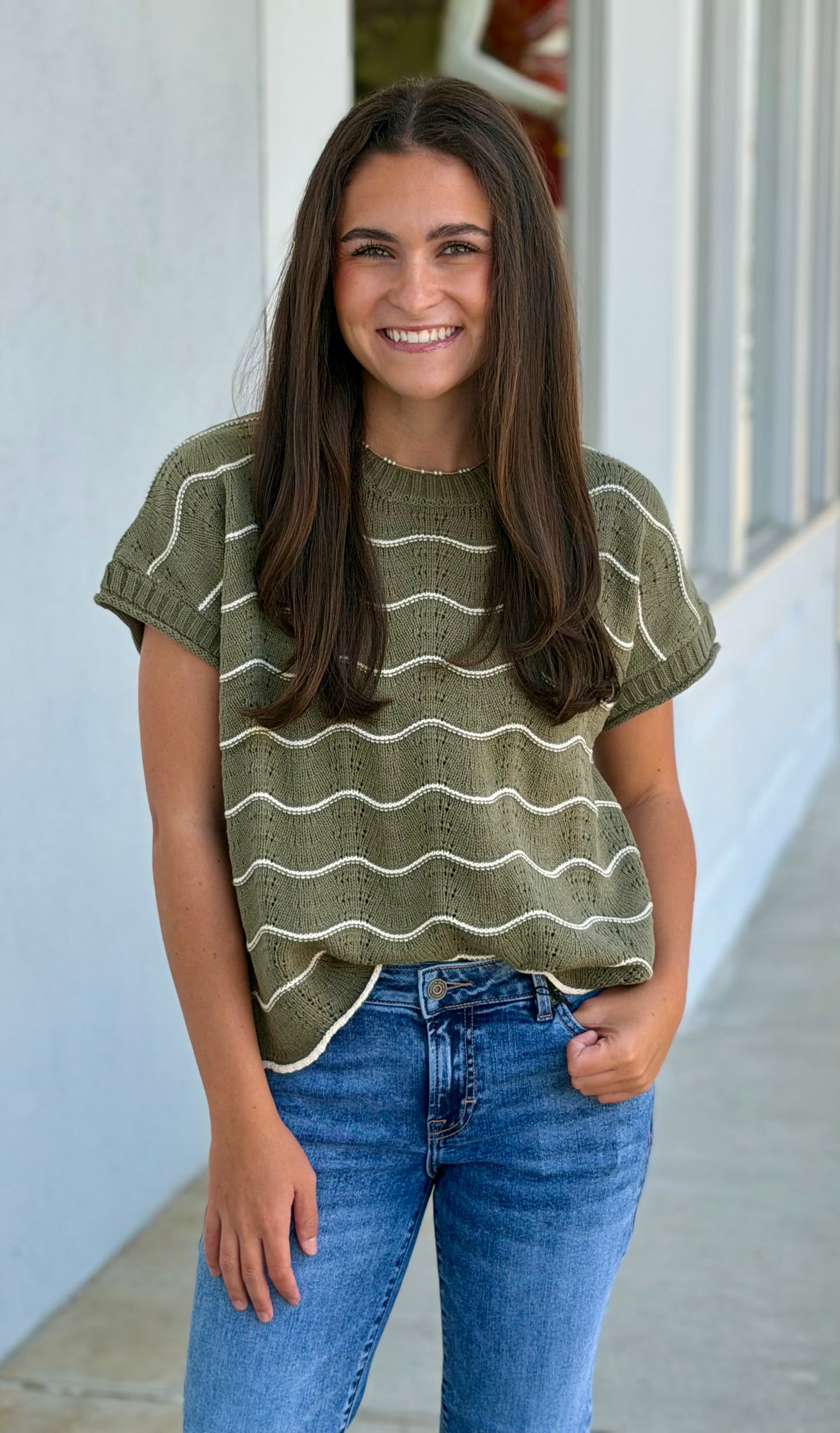 Olive Scallop Striped Sweater Top