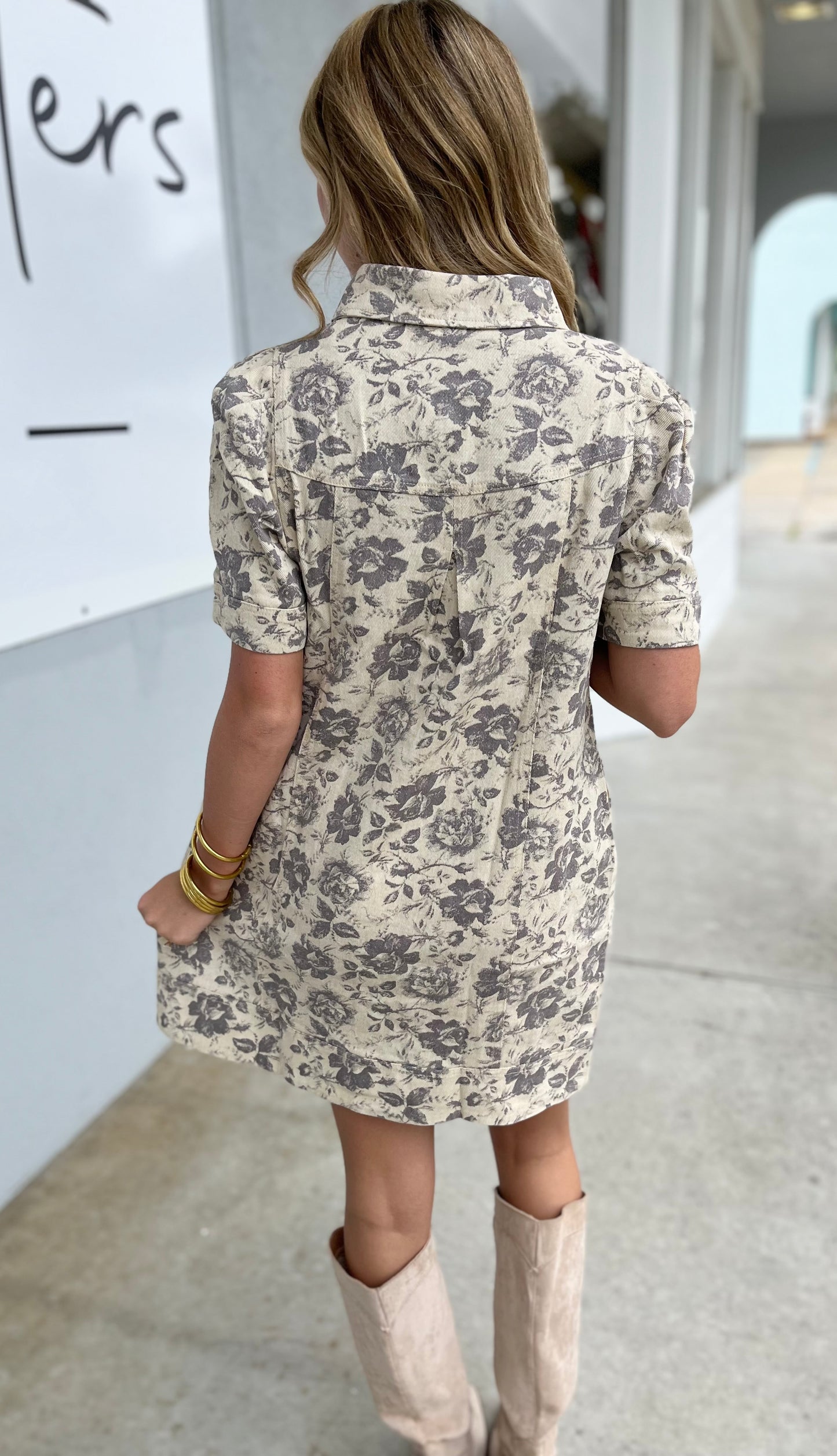 Taupe Floral Print Denim Dress