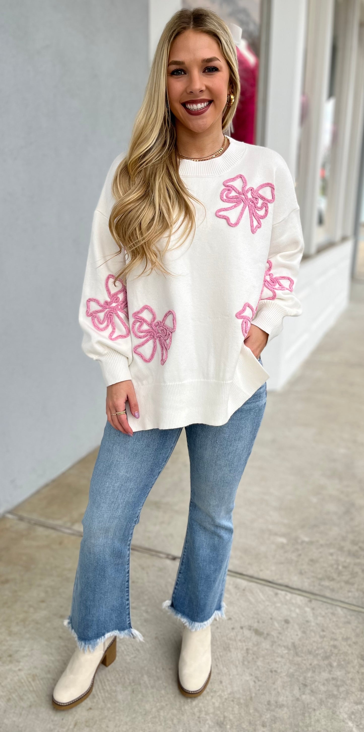 Cream Bow Embroidered Sweater Top