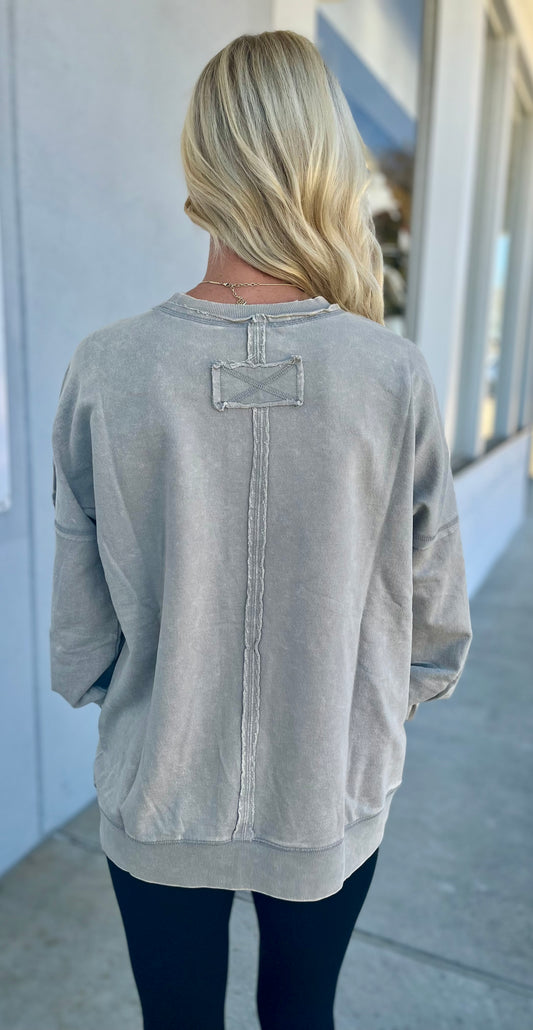 French Terry Acid Wash Front Pocket Pullover, Sleet