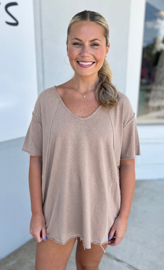 V Neck Pocket Top, Taupe