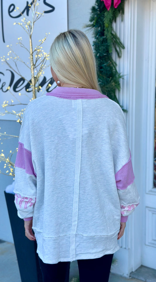 Ash Grey/Pink French Terry Color Block Top