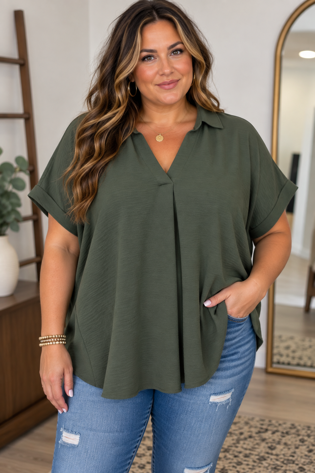 PLUS Drop Shoulder Collared Woven Top, Olive