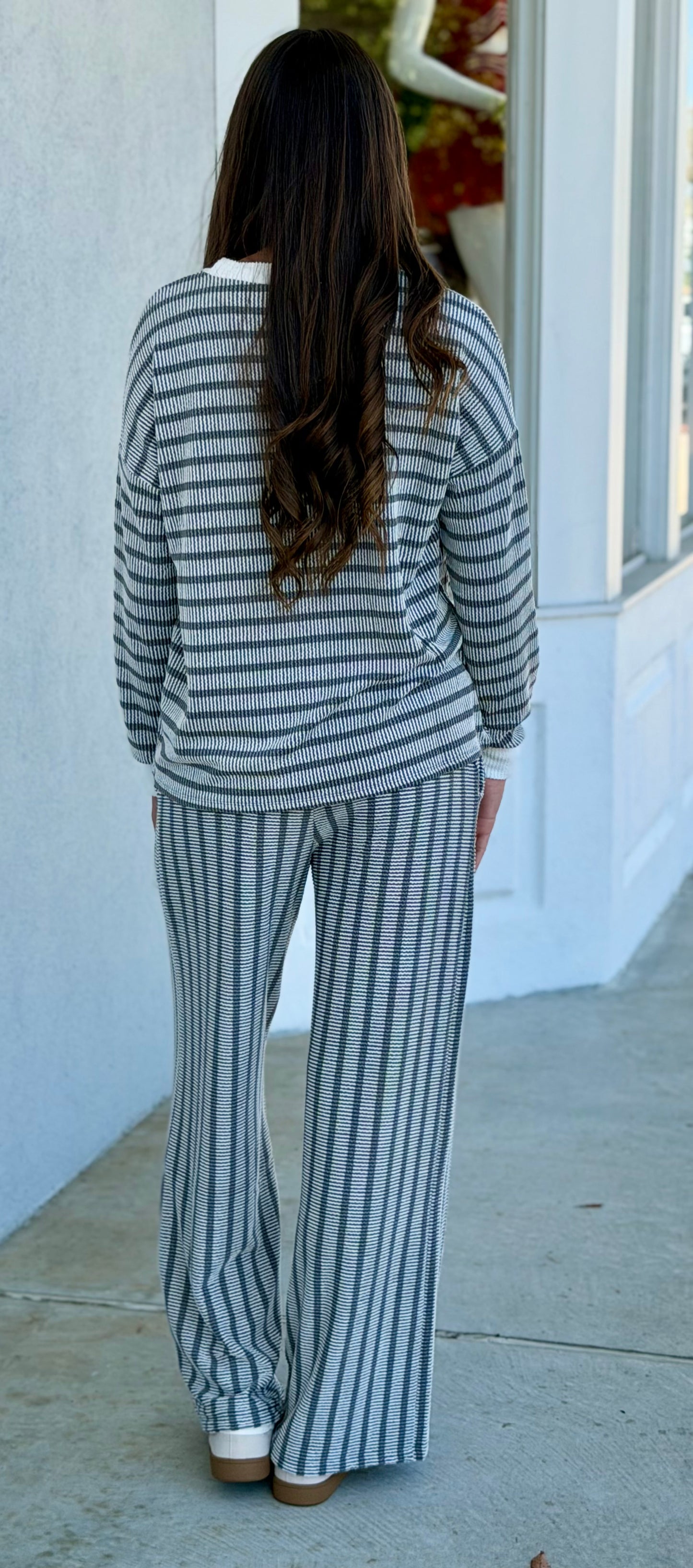 Raised Rib Striped Pullover & Pants SET, Grey