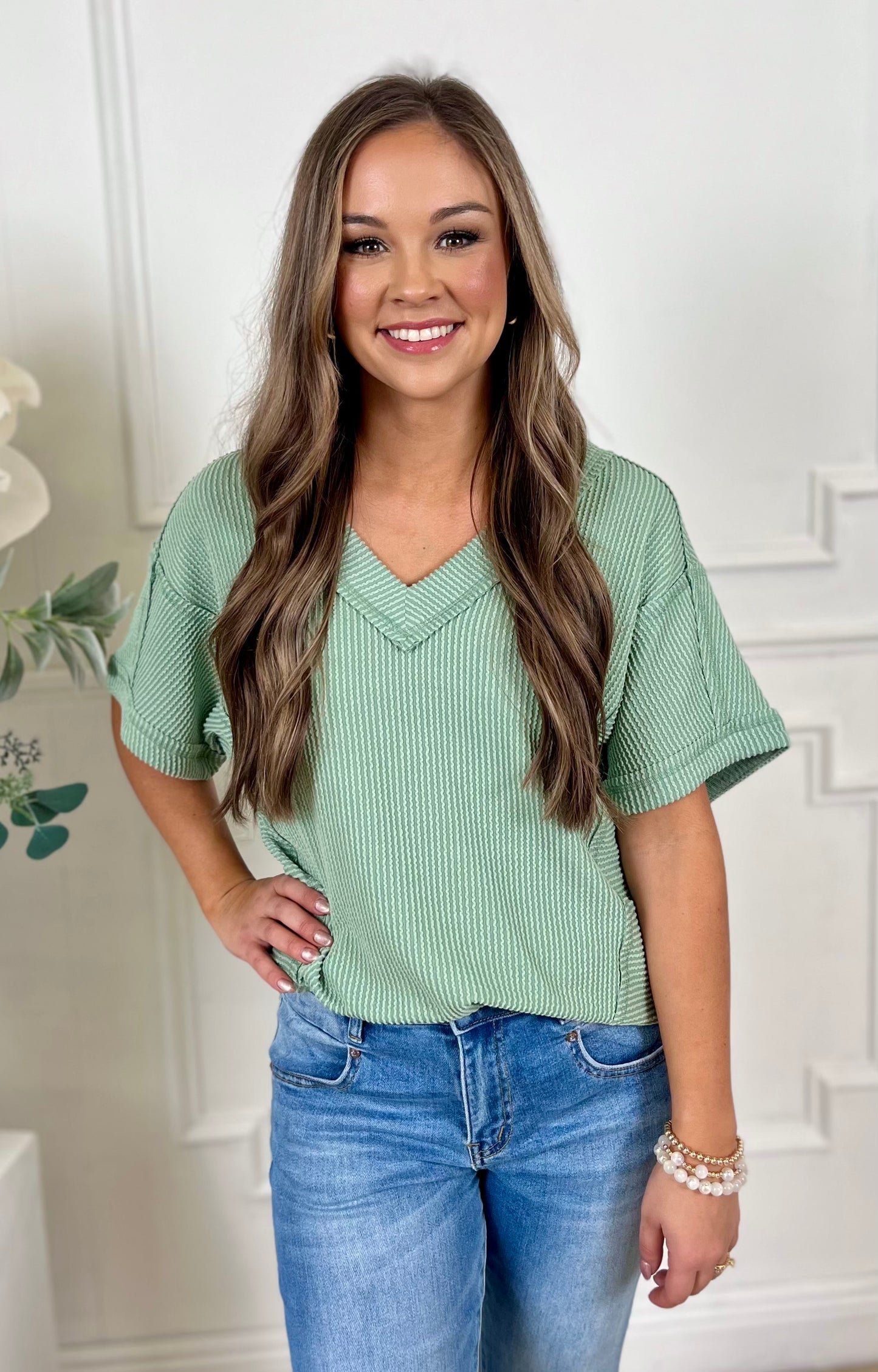 Ribbed V Neck Knit Tee, Sage