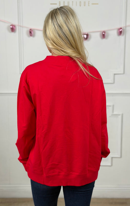 Mock Neck Sweatshirt XOXO Patch , Red