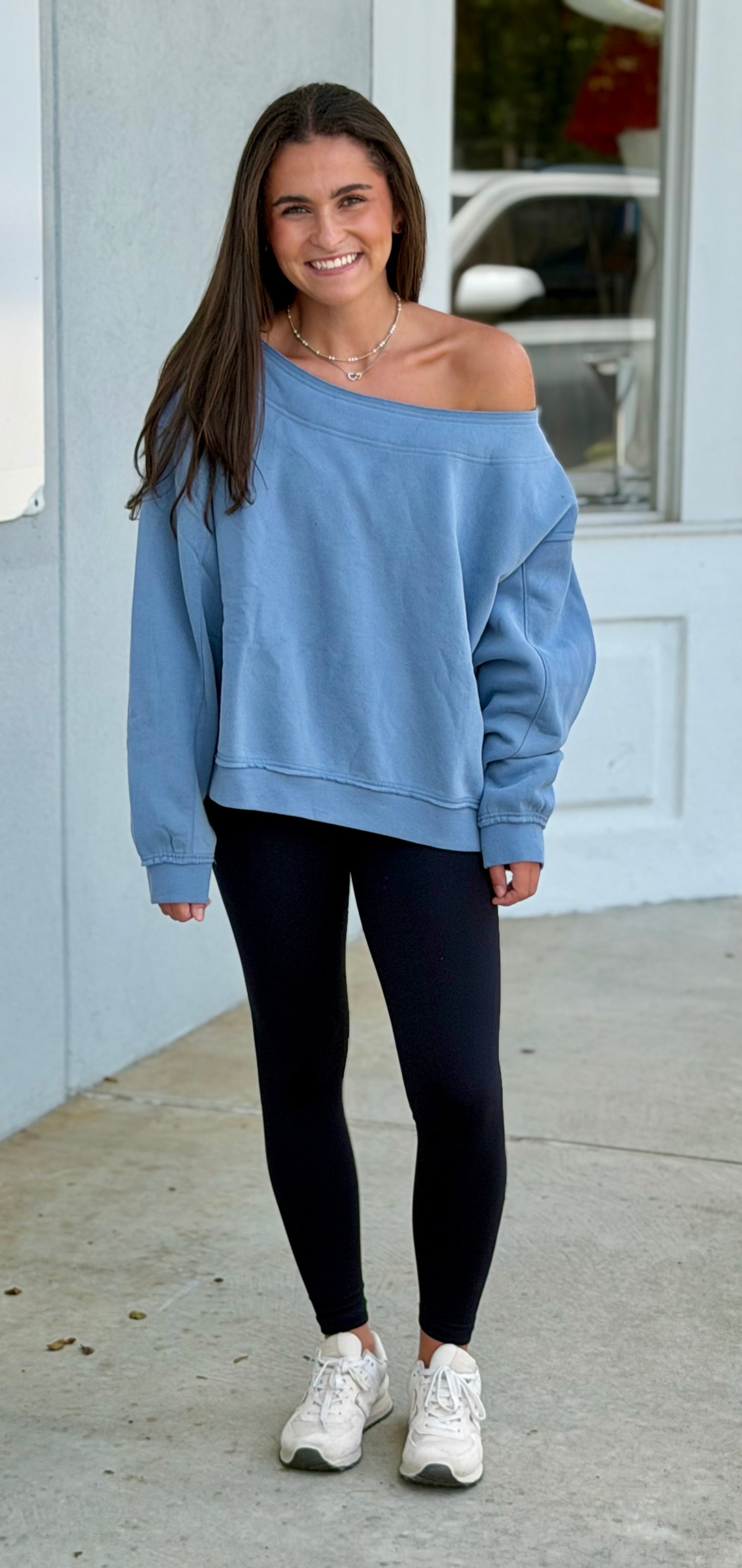 Dusty Blue Off The Shoulder Sweatshirt