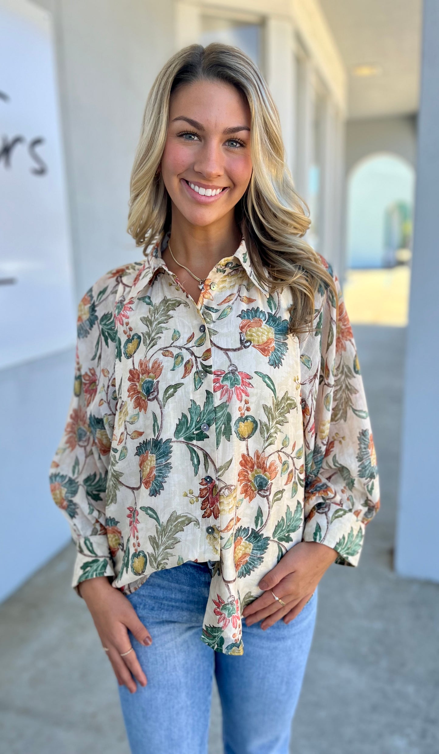Plus Ecru Button Down Floral Blouse W/Collar