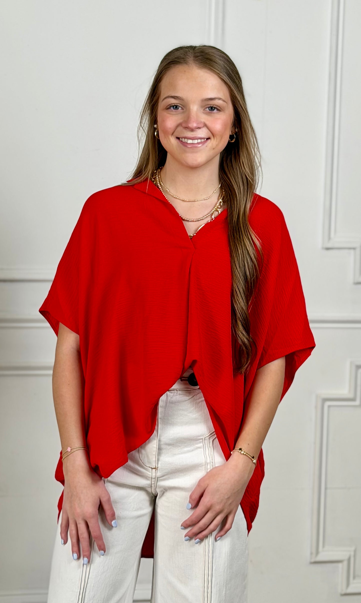 V Neck Short Sleeve Top, Tomato