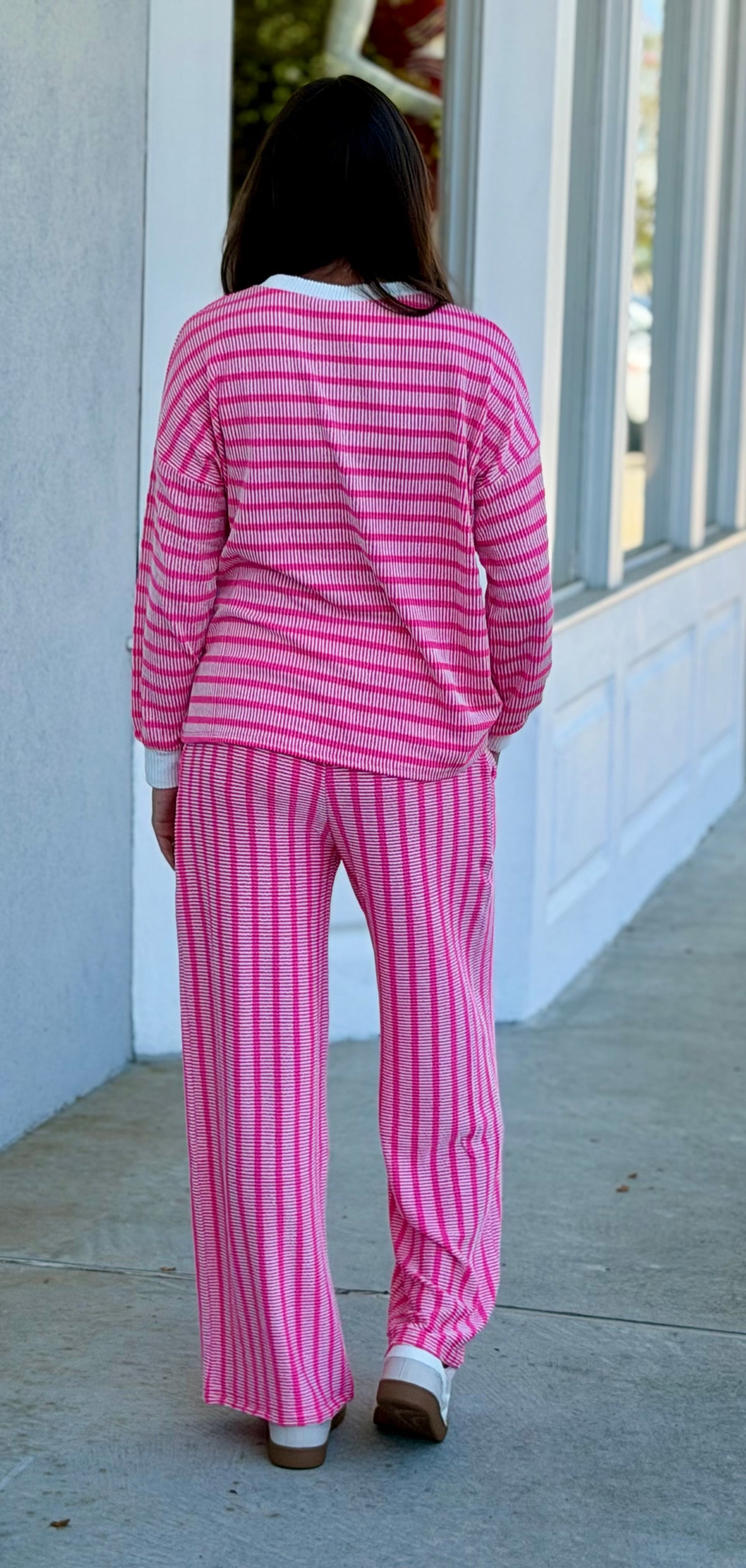Raised Rib Striped Pullover & Pants SET, Hot Pink