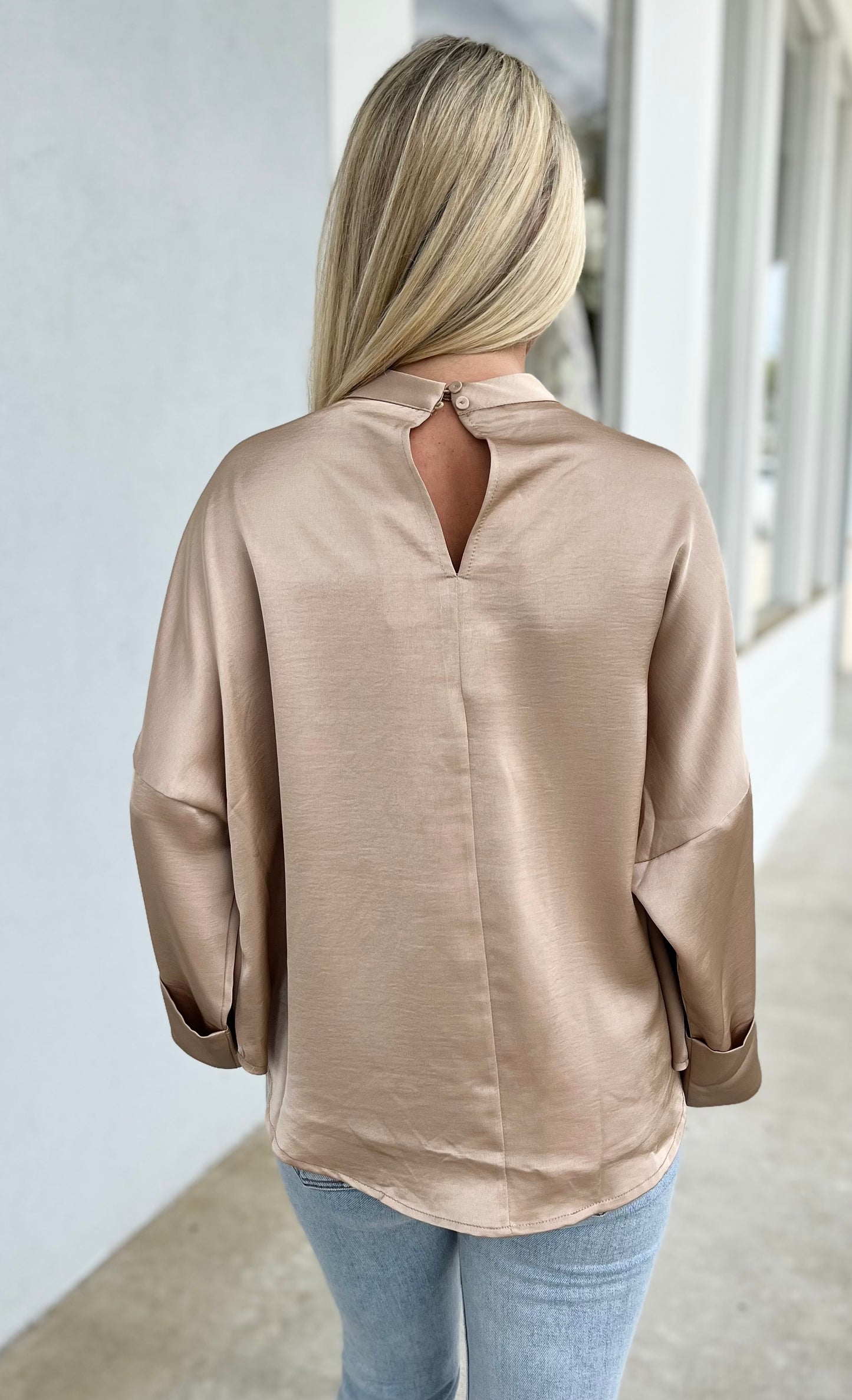 Taupe High Neck Wide Sleeve Top