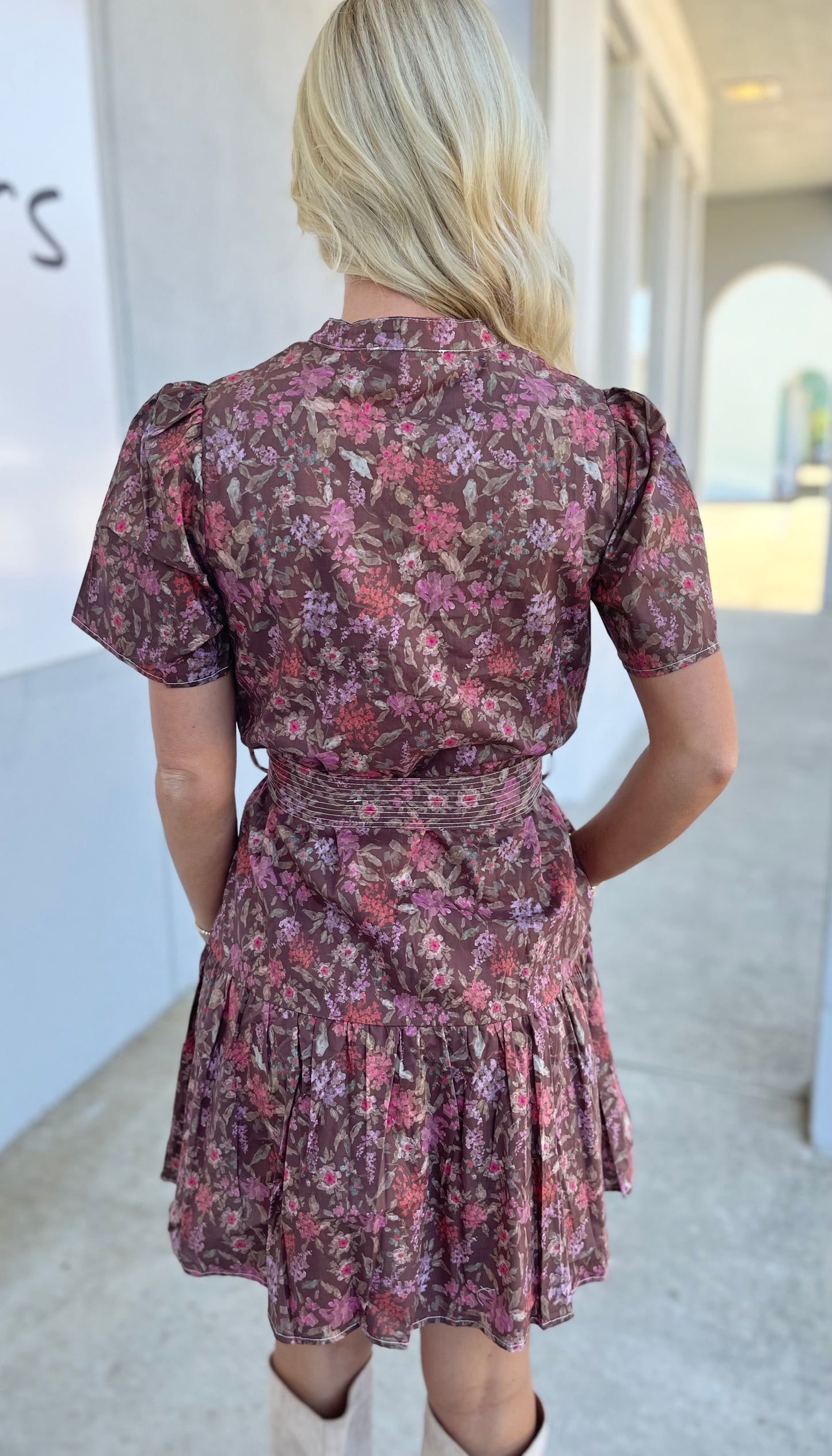 Brown Floral Print Waist Tie  V Neck Dress