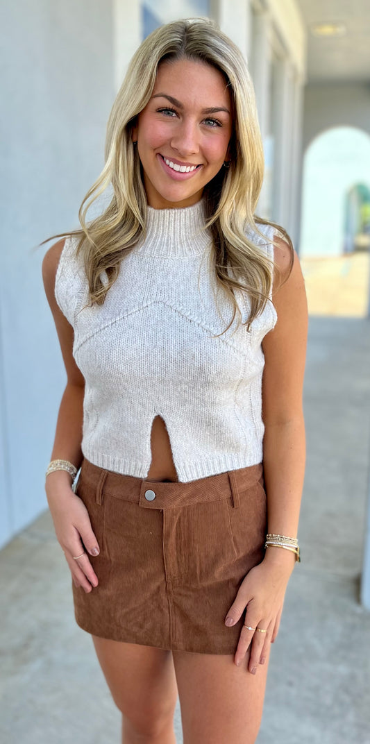 Oatmeal Mock Neck Cutout Crop Sweater Top