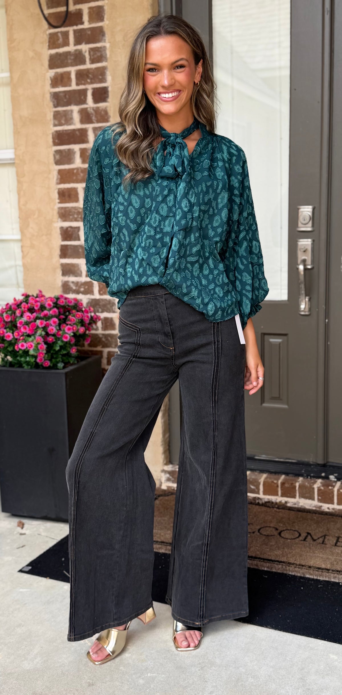 Teal Tie Neck Textured Blouse