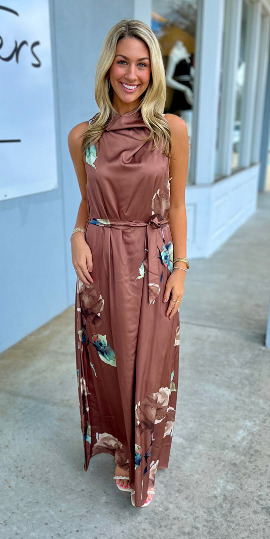 Mocha Floral Satin Halter Neck Maxi Dress