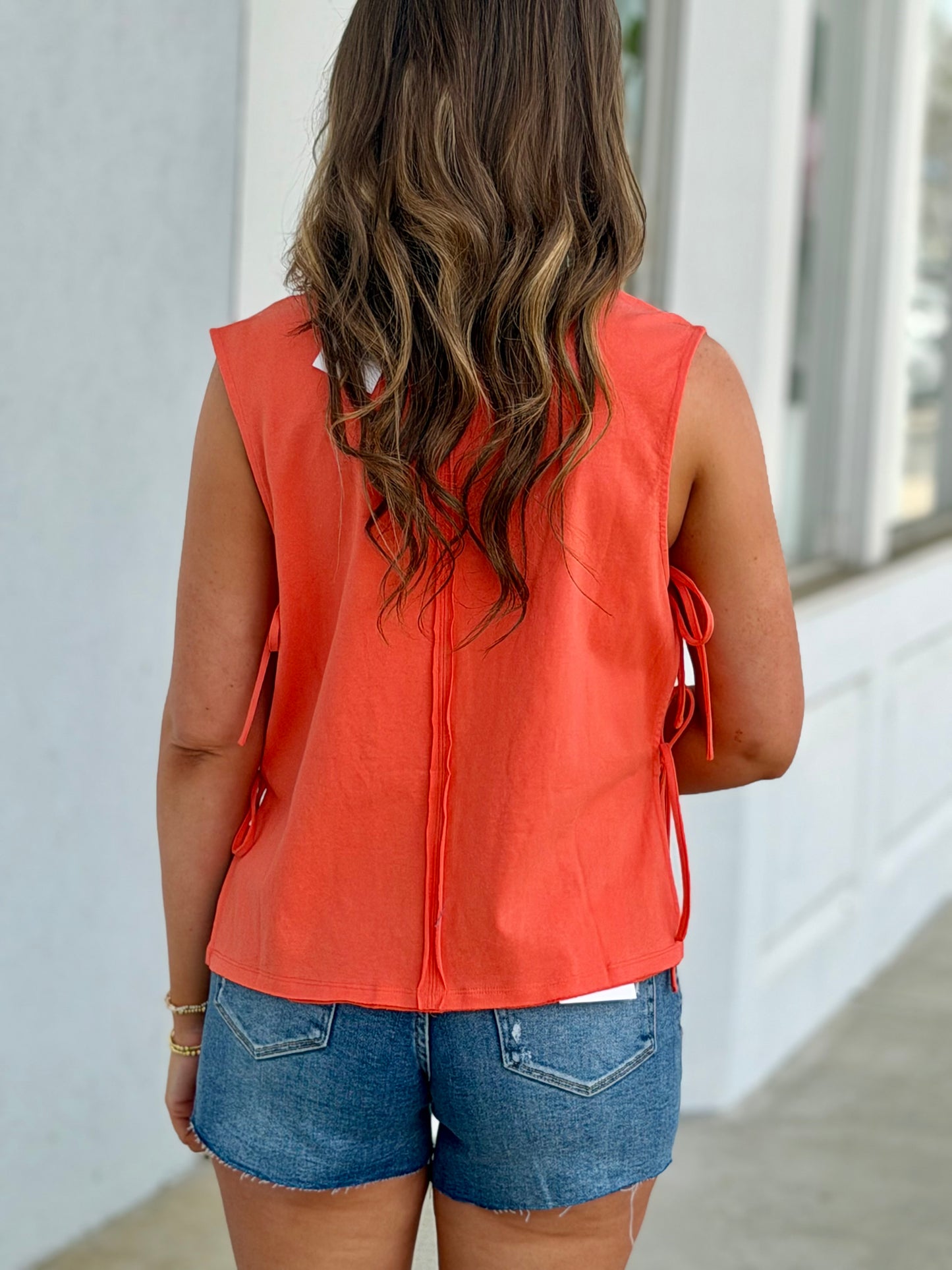 Papaya Cotton Knit Tank Top With Ties