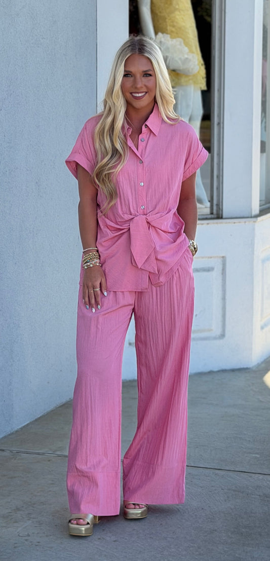 Pink Wide Leg Elastic Pants
