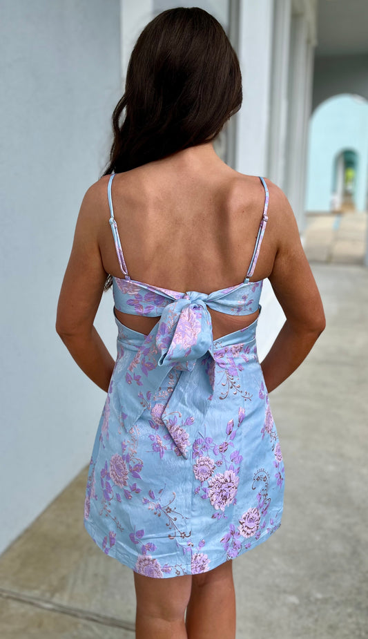 Blue/Purple Floral Jacquard Mini Dress With Bow