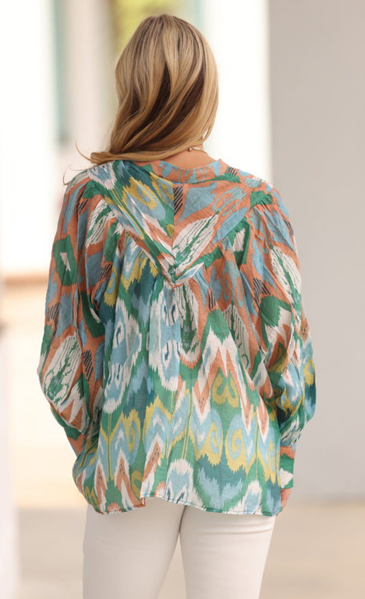 Juniper Green Printed Bubble Sleeve Blouse