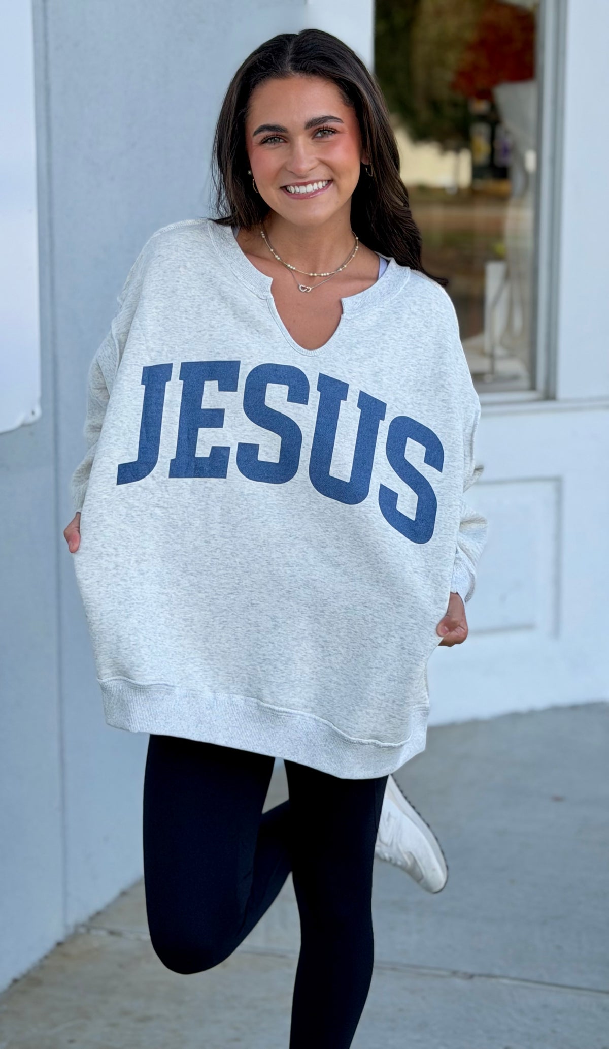 Ash Grey/Vintage Blue Jesus Split Neck Sweatshirt(reversible)