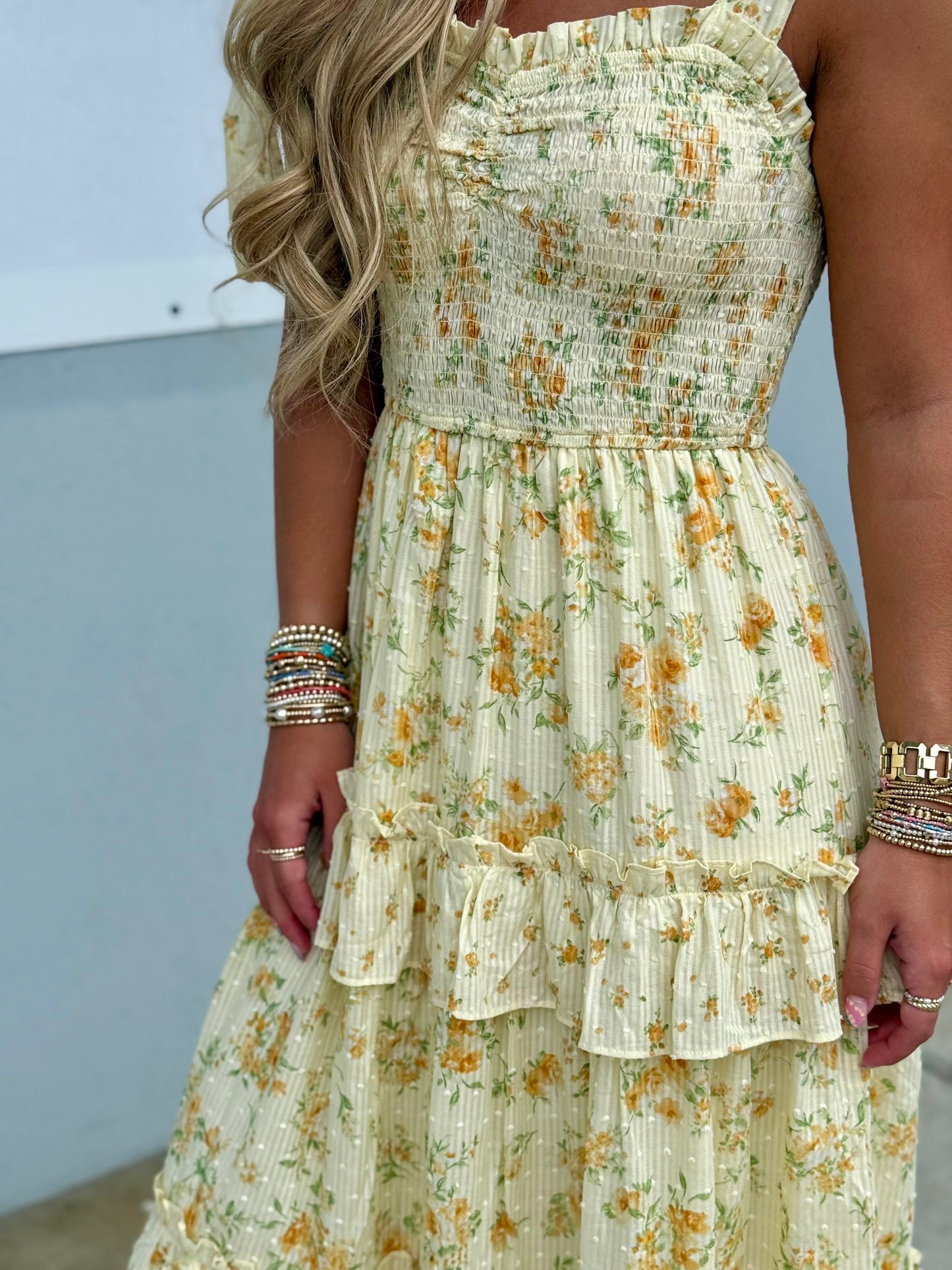 Sunwashed Lemon Lace Floral Maxi Dress