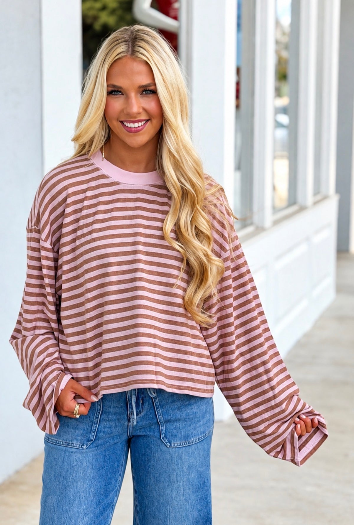 Striped Knit Long Sleeve Top, Pink/Brown
