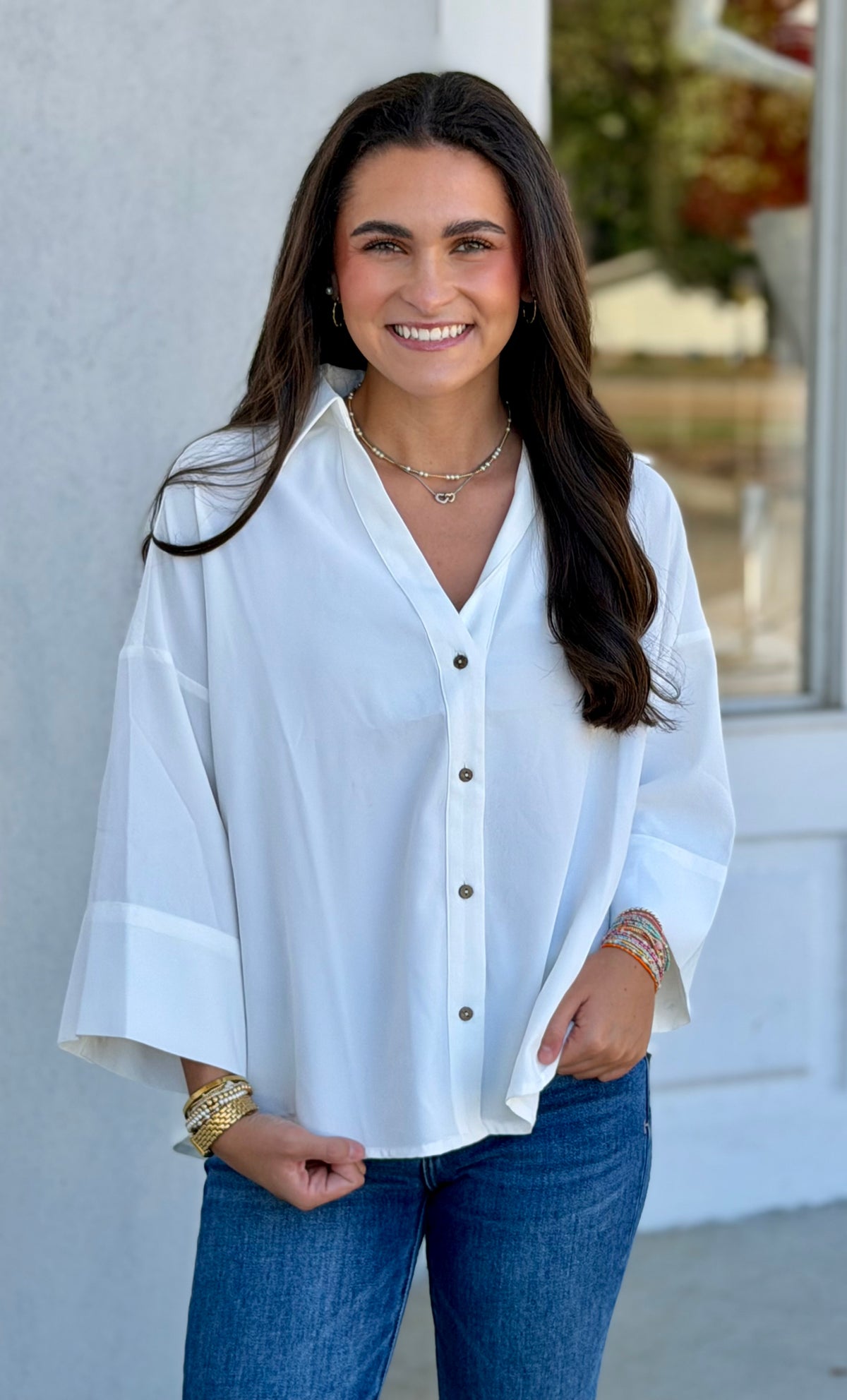Off White Button Down Pleated Back Blouse
