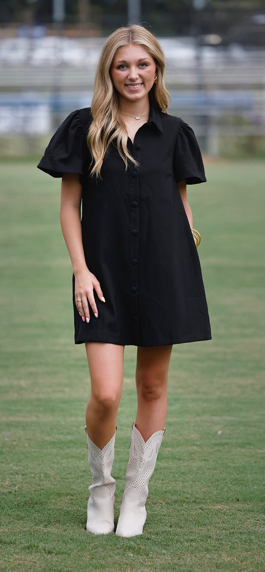 Black Collar Neck Button Down Mini Dress