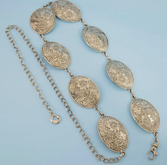 Flower Engraved Oval Concho Chain Belt