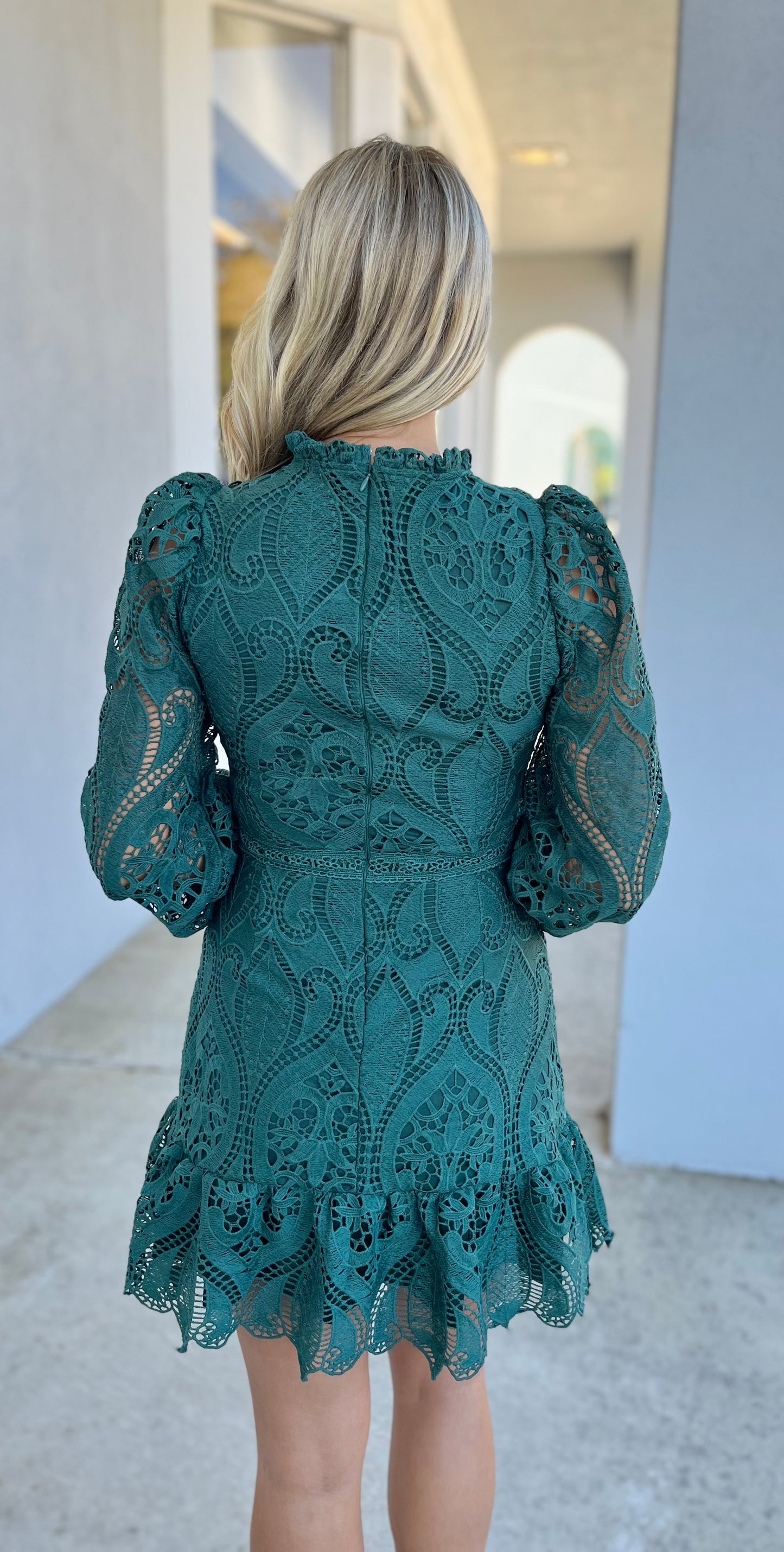 Emerald Green Lace Scallop Hem Puff Sleeve Mini Dress