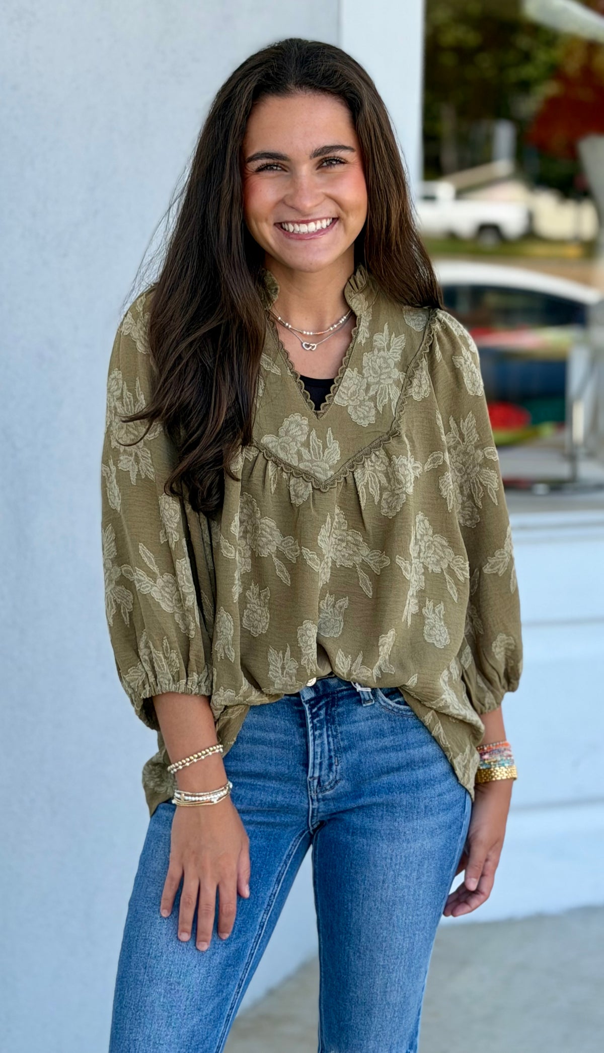Floral Textured Scalloped V-Neck Babydoll Blouse, Olive