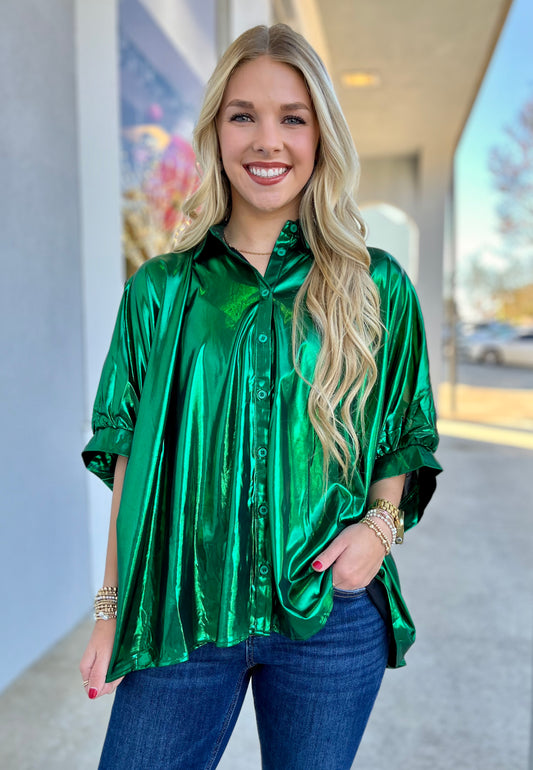 Green Metallic Button Down