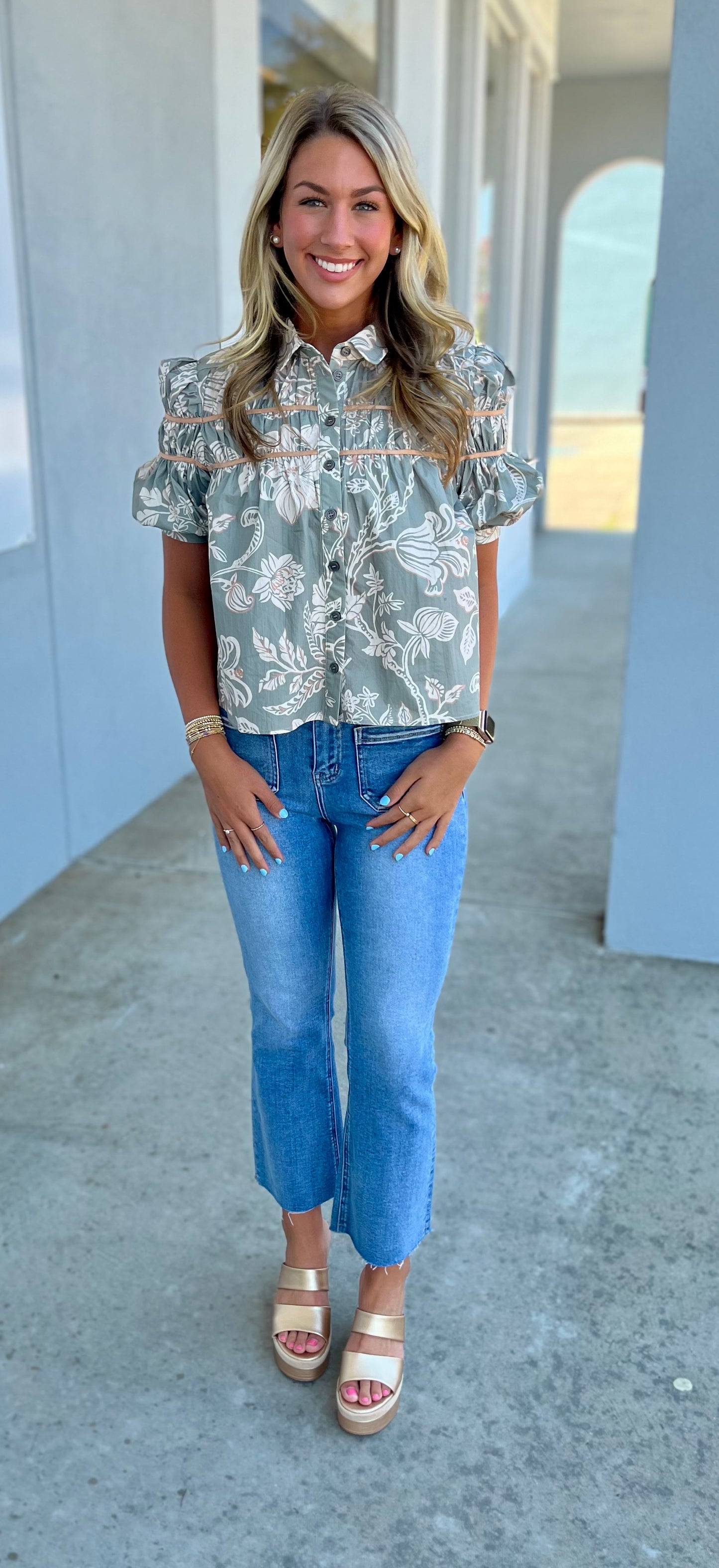 Sage Floral Babydoll Button Top