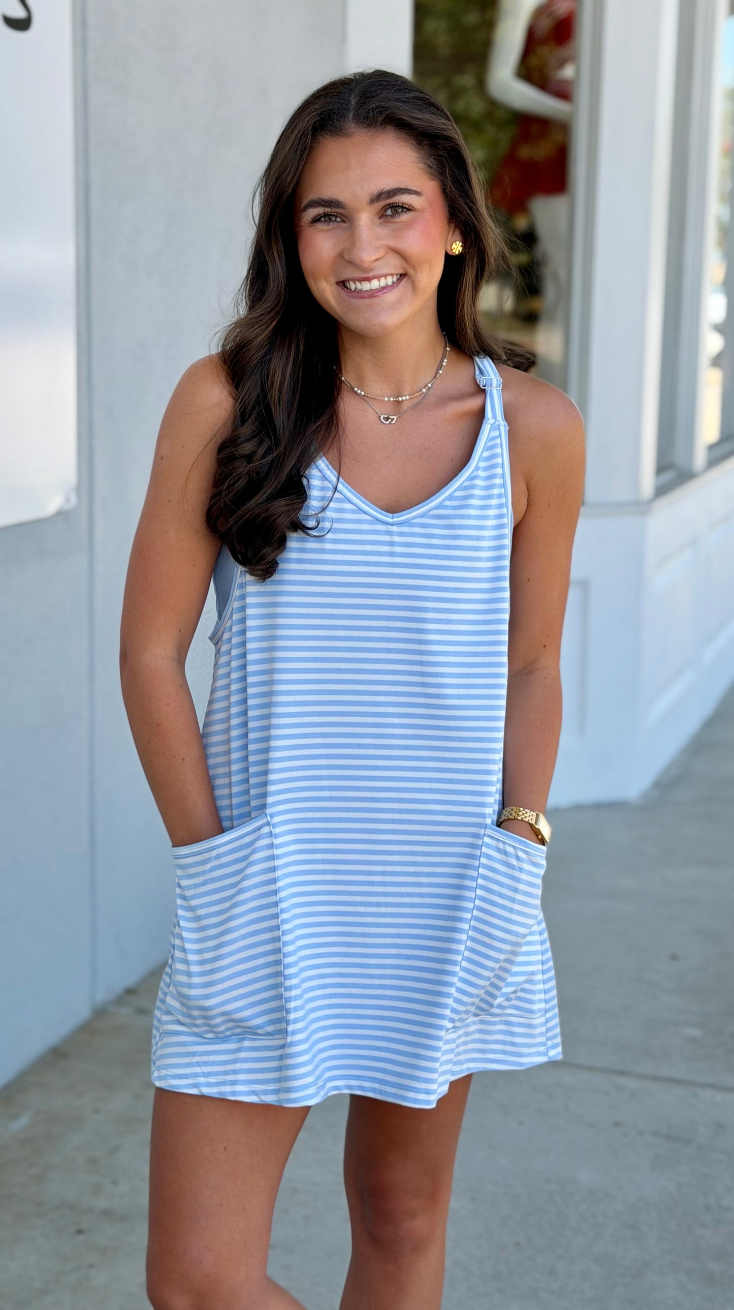 Baby Blue Striped Active Romper Dress