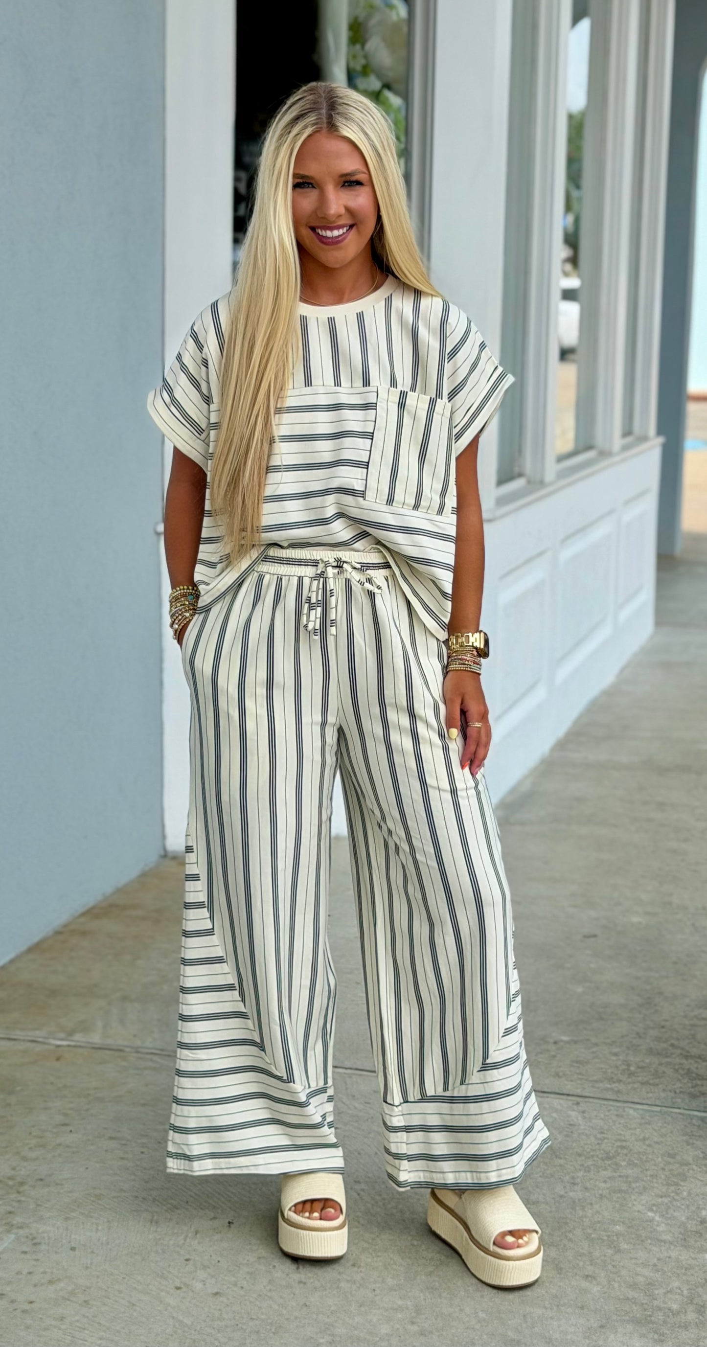 Ivory/Black Stripe Top & Pants SET