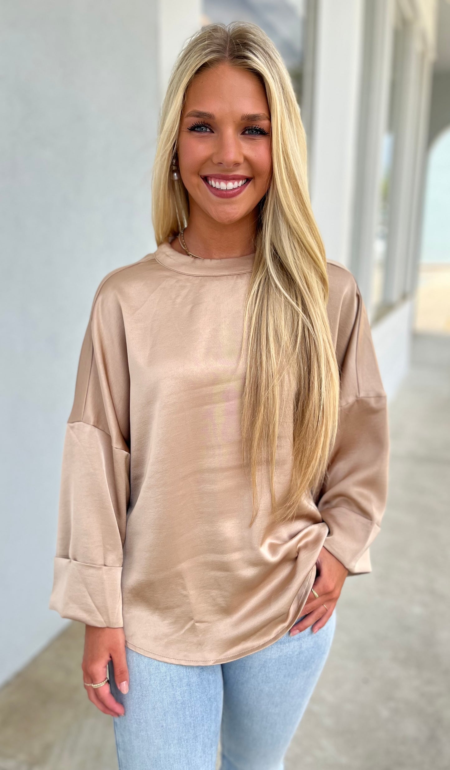 Taupe High Neck Wide Sleeve Top