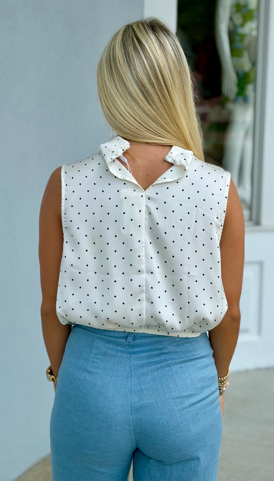 High Neck Sleeveless Dot Top, Ivory