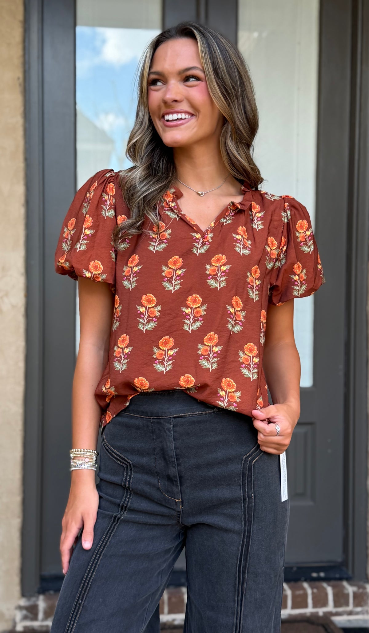 Brown Floral Puff Sleeve Blouse