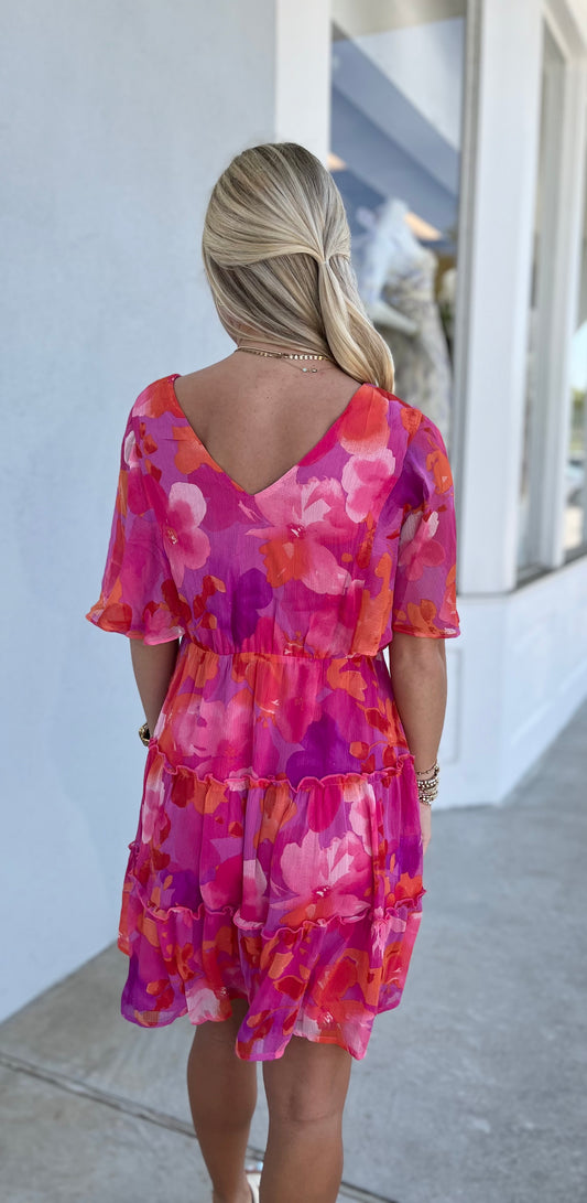 Floral Print Chiffon Bell Sleeve Dress