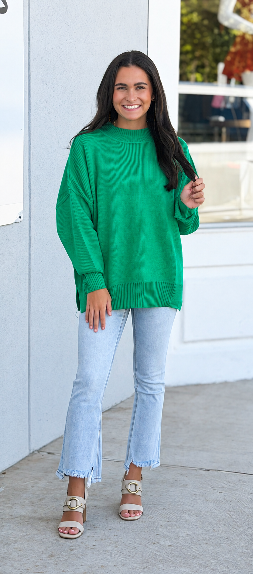 Drop Shoulder Oversized Mock Neck Sweater Top , Green