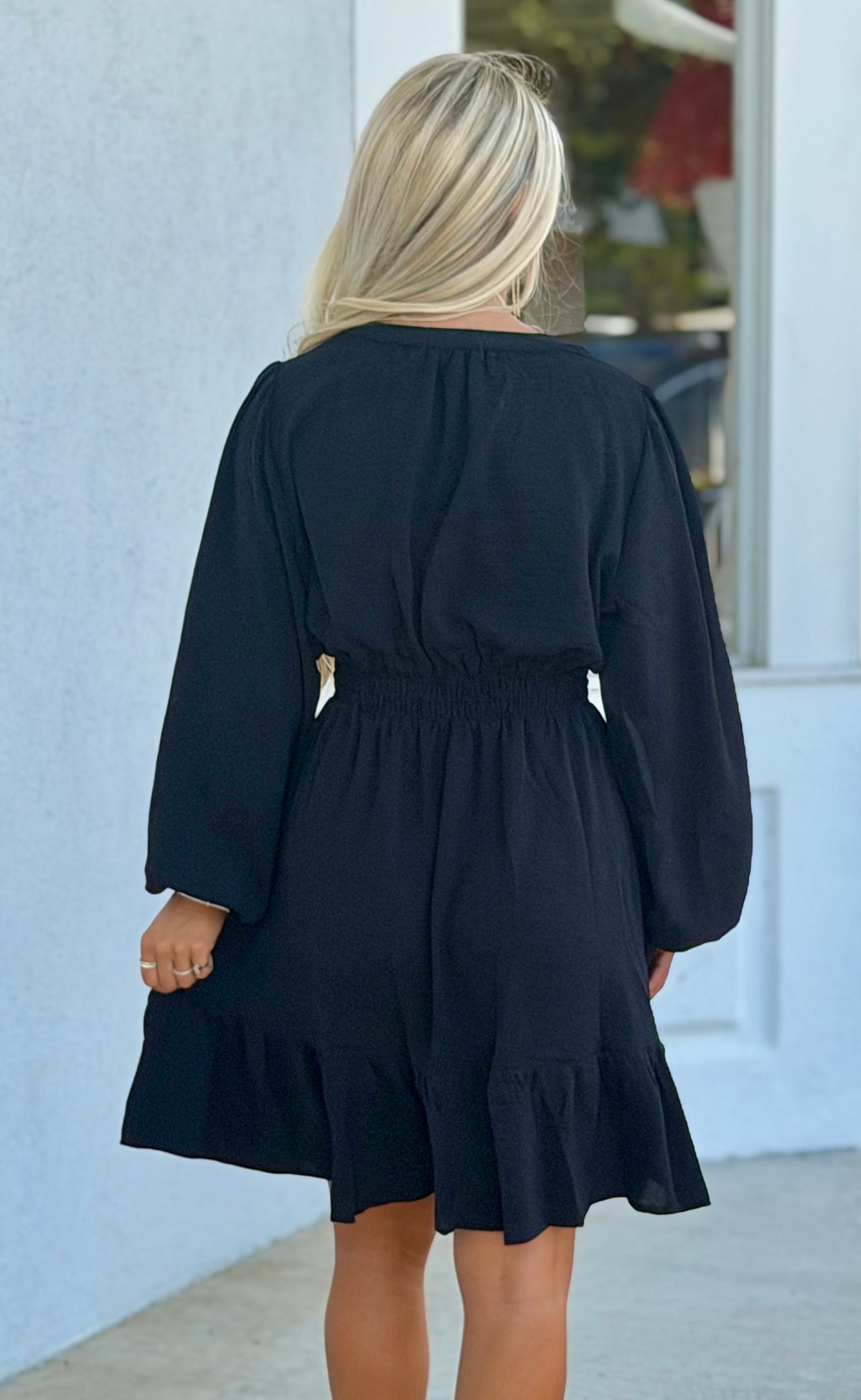 Black Elastic Waist Dress With Pockets