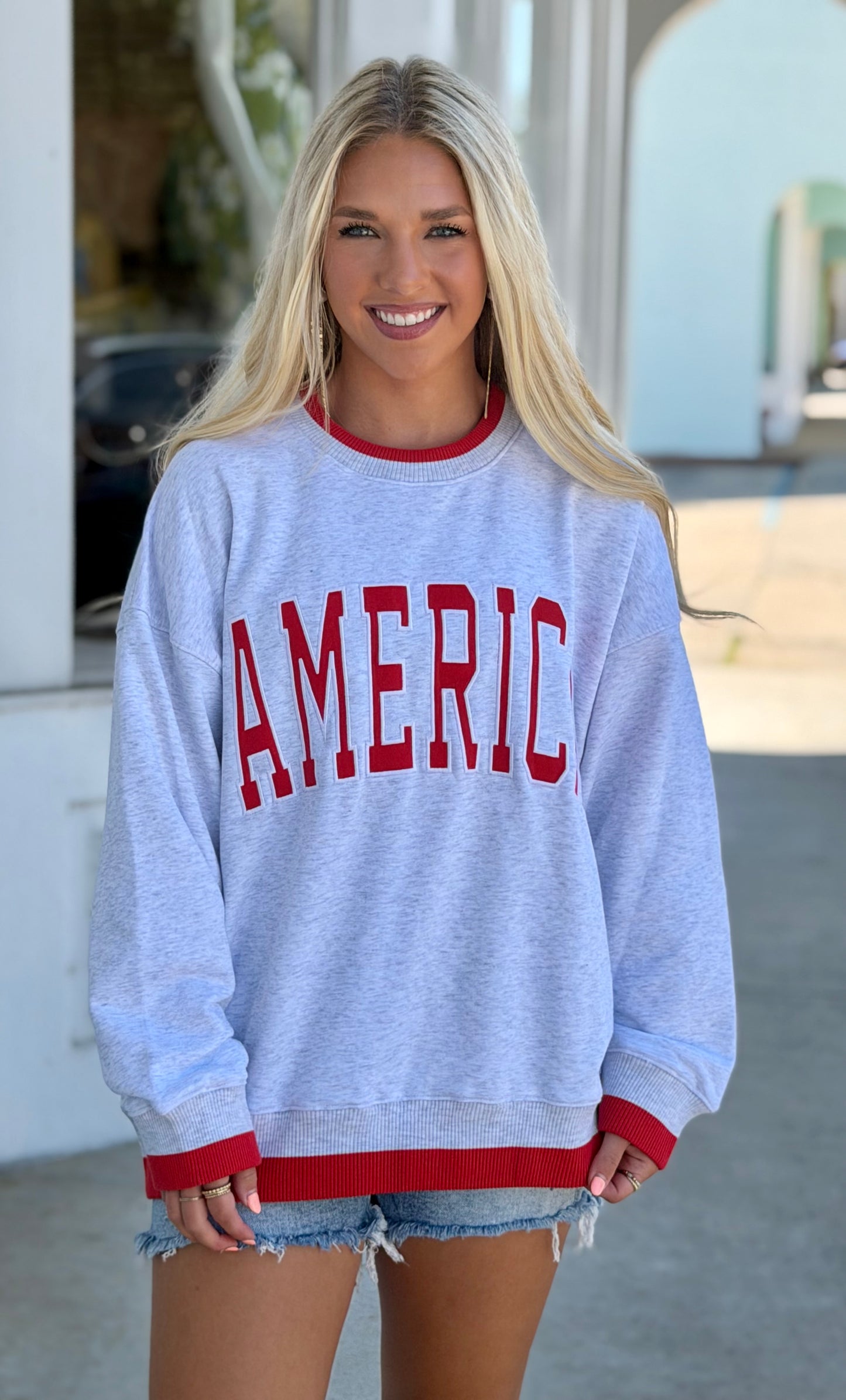 Lt Grey/Red America Crew Neck Sweatshirt