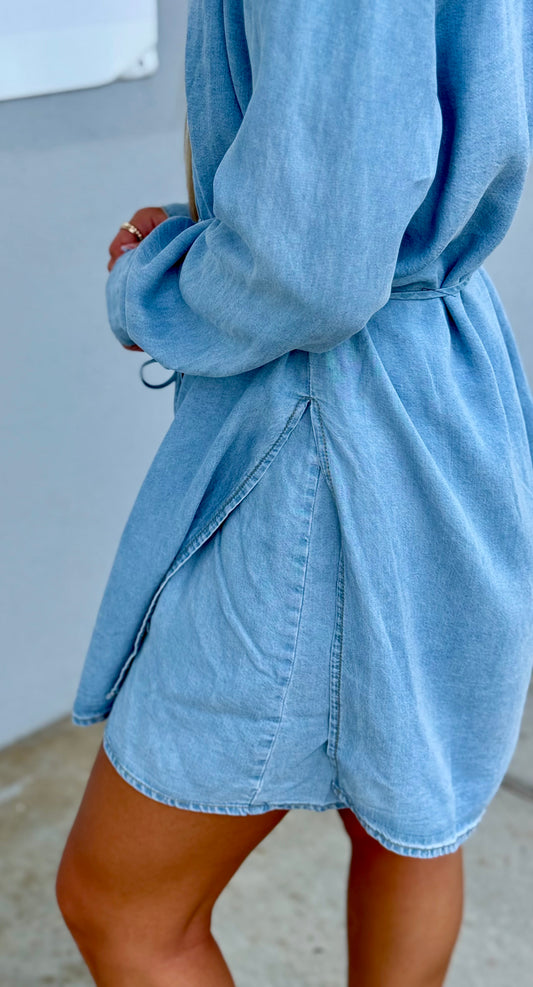 Light Chambray Denim Belted Shirt Romper