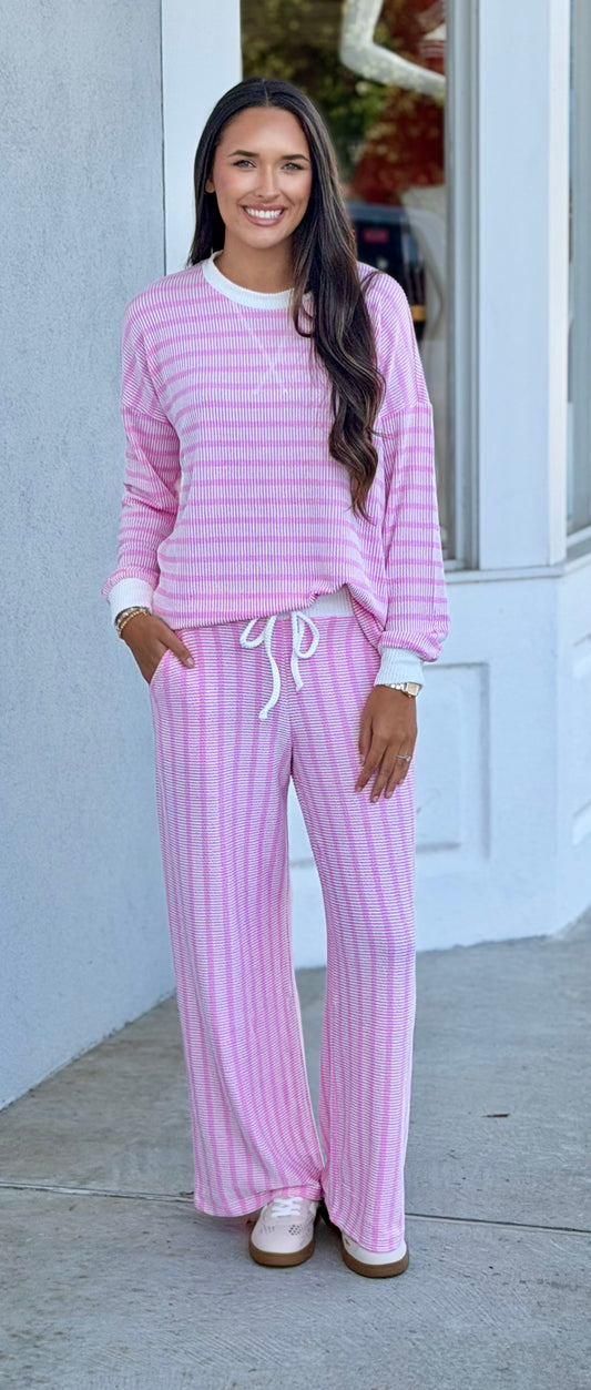 Raised Rib Striped Pullover & Pants SET, Candy Pink